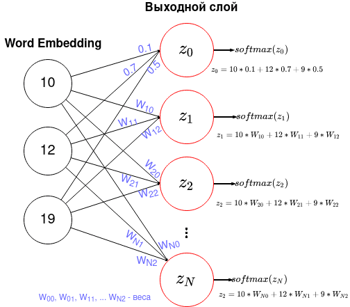 Каждый нейрон из полученного вектора word embedding соединяется с каждым нейроном выходного слоя